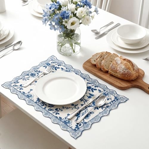 HunnmingRe Blue Floral Placemats Set of 4 12×18 Inch Chinoiserie Vintage
