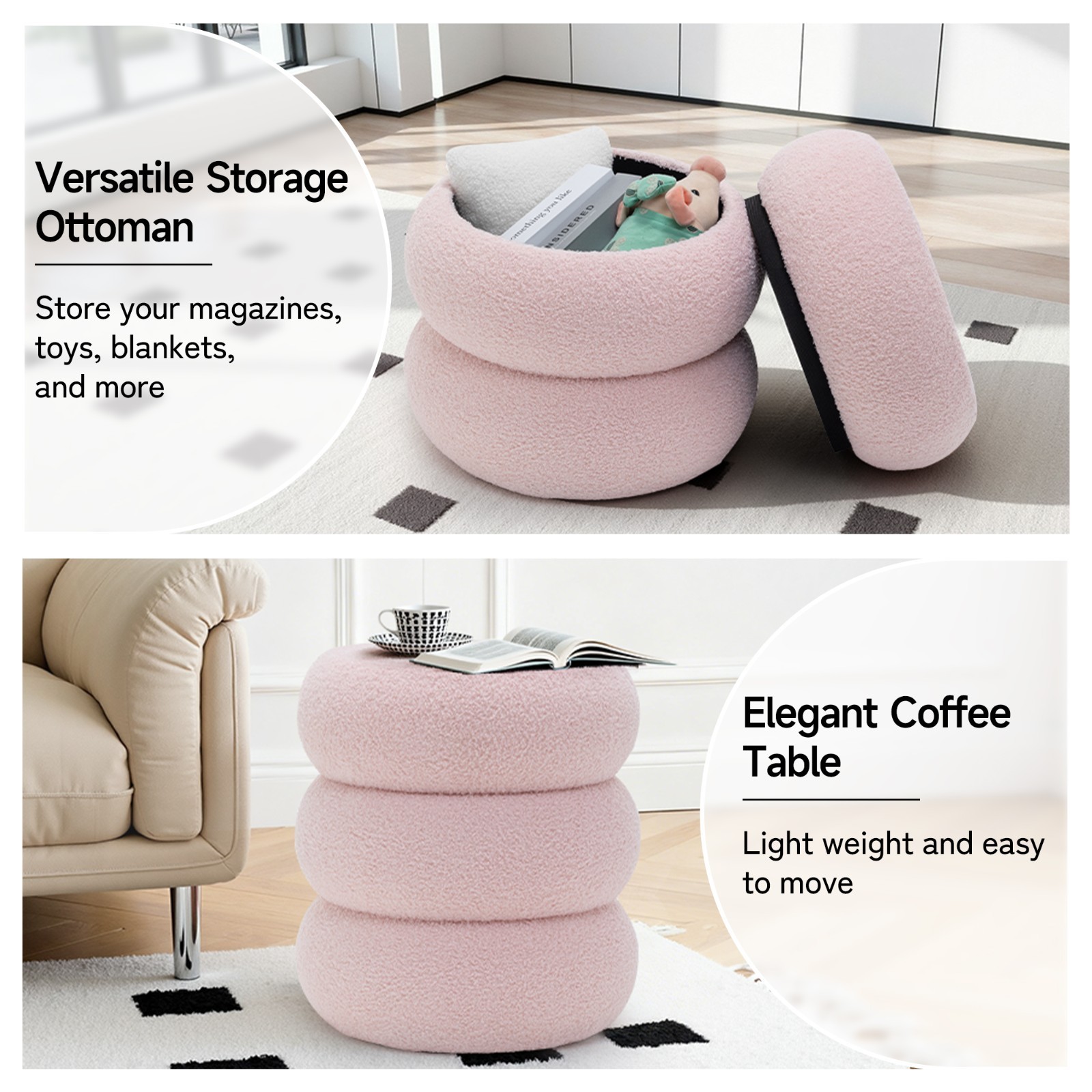 Korser Teddy Fabric Cloud Storage Ottoman with Hidden Storage Set of 2