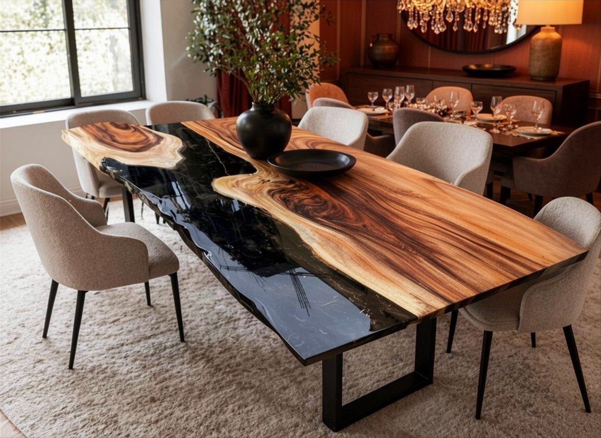 Black Epoxy Wood Dining Table, Luxury River Table, Handmade Live Edge Wood Decor