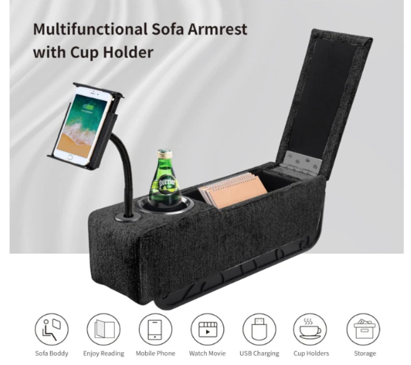 Multifunctional Sofa Armrest with Wireless Charge Stand, and Storage
