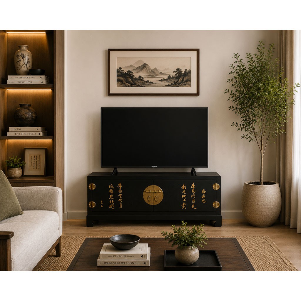 US Seller – Black Elmwood Media Cabinet With Chinese Calligraphy