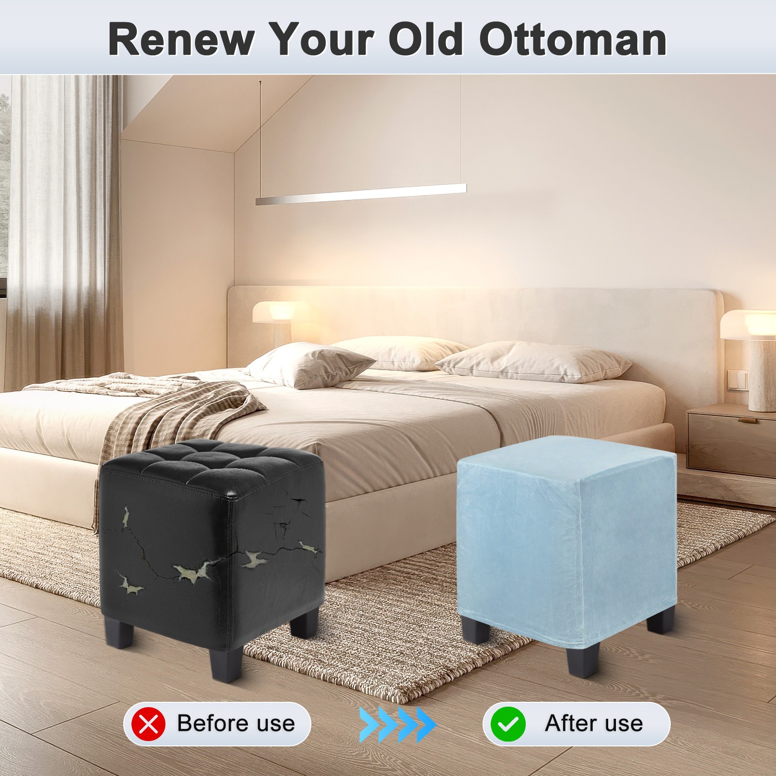 2-Pack 13″x13″x15″ Stretch Square Ottoman covers Footstool Protector Light Blue