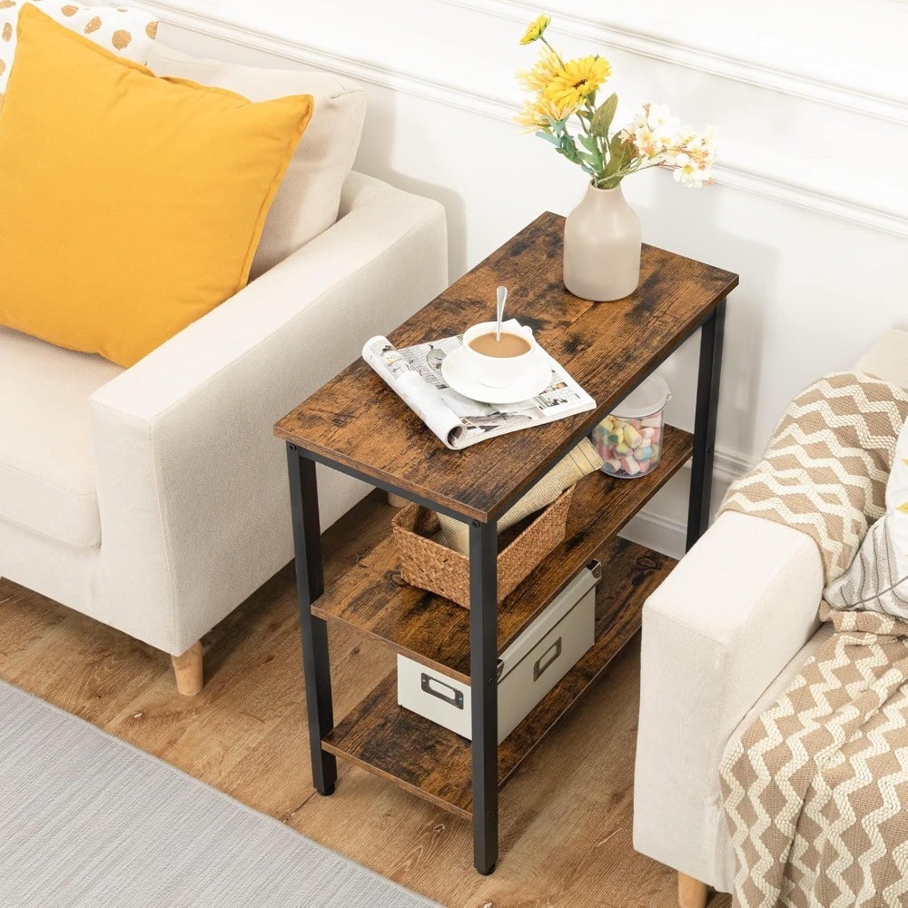 Simple Rustic Side Table with 3-Tier Storage Shelf,Rustic Brown and Black