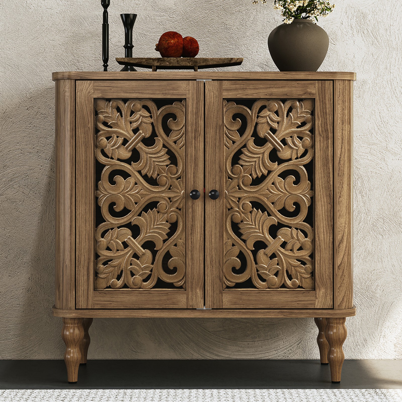 French Country Hollow Floral Carved Accent Cabinet with 2 Doors for Living Room