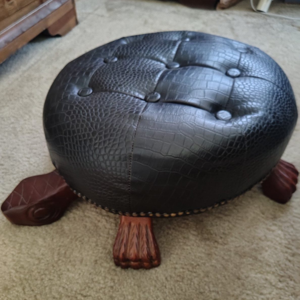 Turtle Ottoman Footstool Tufted Faux Leather Round Black w/ Brown Wood Legs