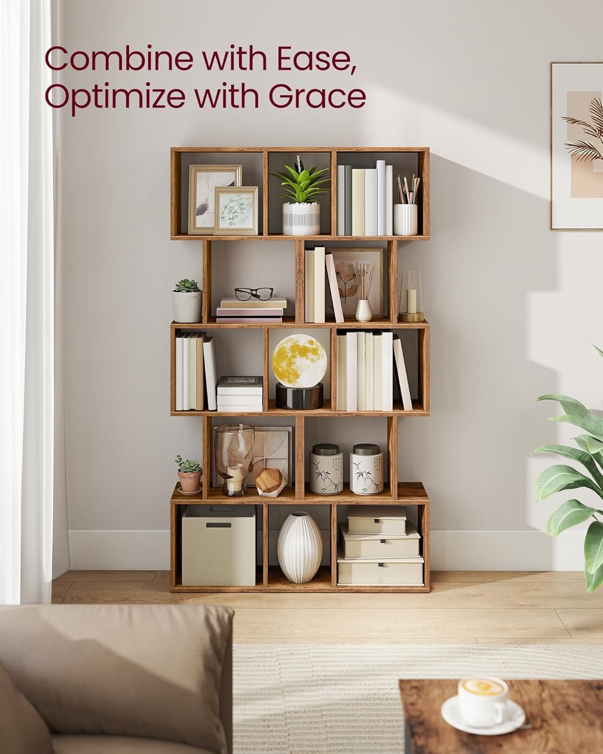 VASAGLE Bookshelf, 5-Tier Bookcase, 9.4 x 15.7 x 62.6 Inches, Storage Shelf with