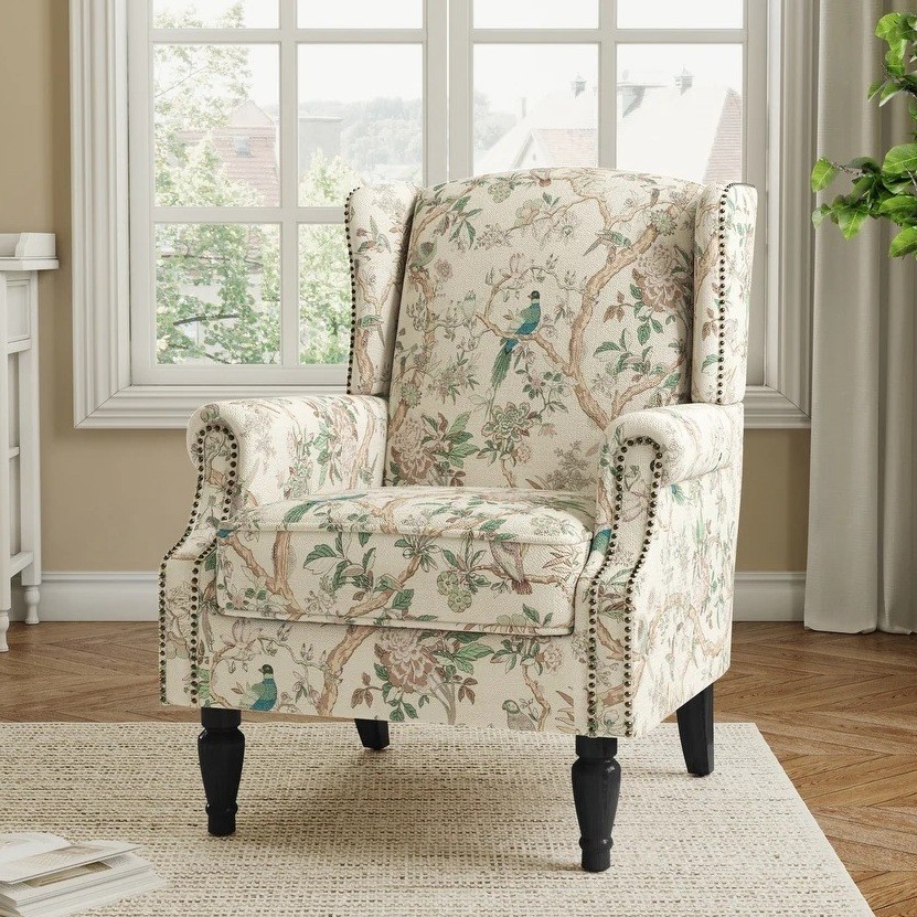 Bird Floral Accent Chairs Armchairs Nailhead Beige Wingback Arm Chair Country