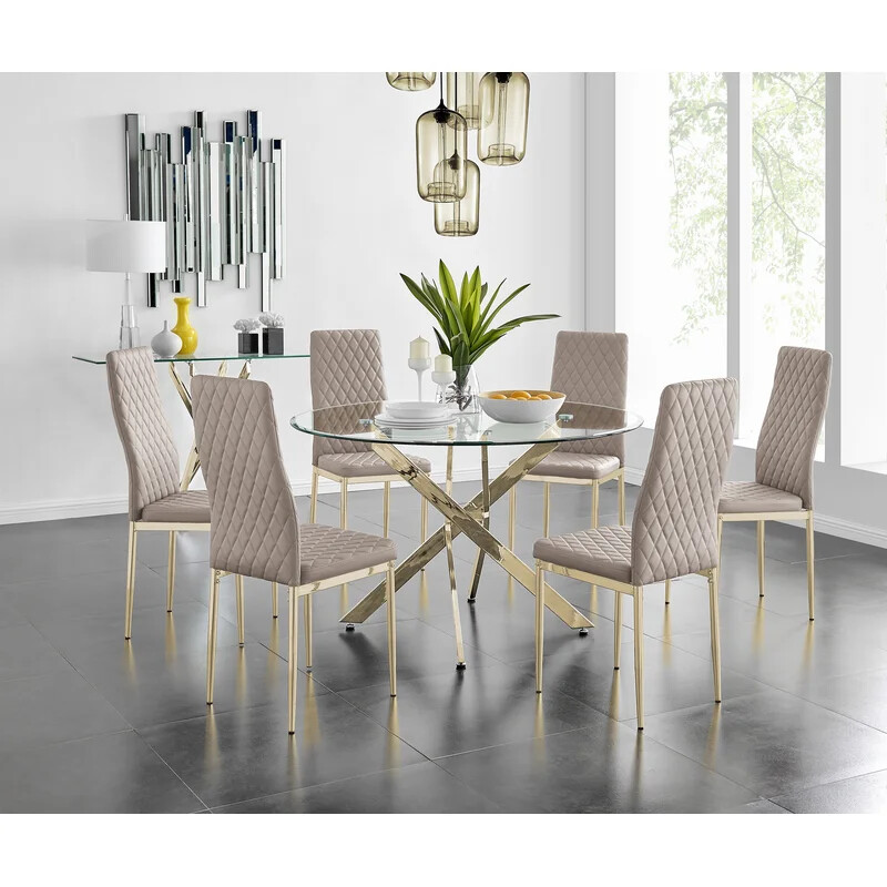 Tierra Chrome Metal & Glass Round Dining Table & Faux Leather Upholstered Chairs