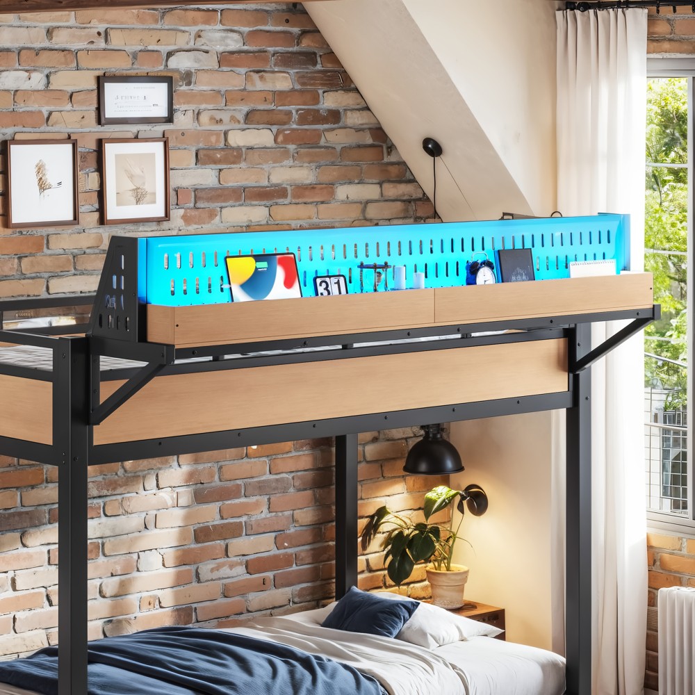 Twin XL over Twin XL Size Metal Bunk Bed with Storage Shelves and Pegboard