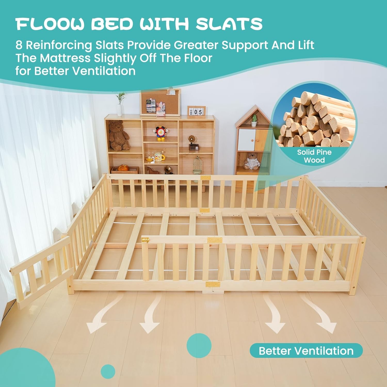 H&ZT 78″Lx42″W Toddler Floor Bed, Montessori Floor Bed with Rails Lockable Door
