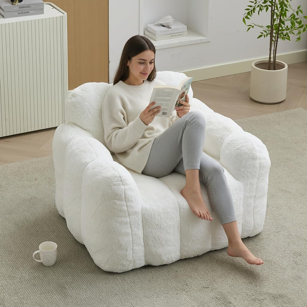 Cozy Faux Fur Bean Bag Chair with Backrest & Armrests for Adults & Teens