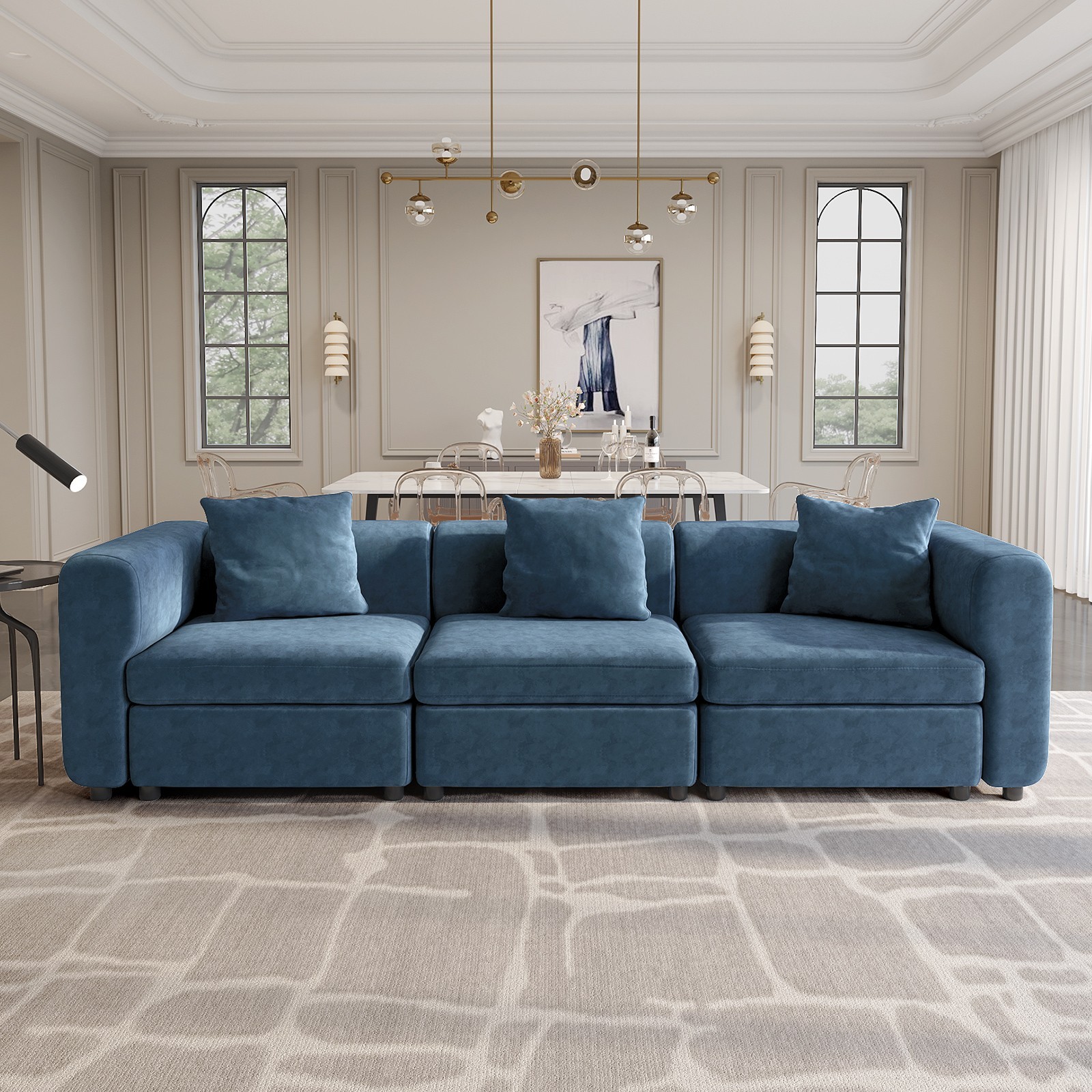 Velvet 3 Seater Sofa Oversized Sofa w 3 Pillows Blue Sofa Couch for Living Room