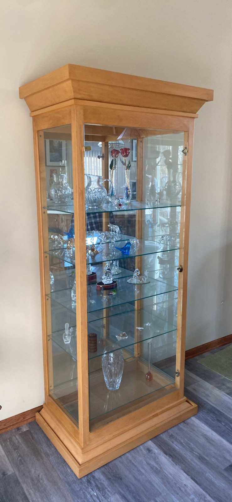 Lighted Wood & Glass Curio Display Cabinet, 1 Glass Door, 4 Glass Shelves