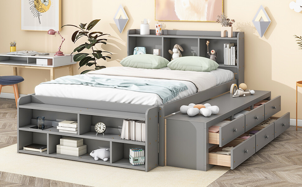 Wooden Full Size Bed Frame with Bookcase Storage Headboard and Drawers/Case Gray