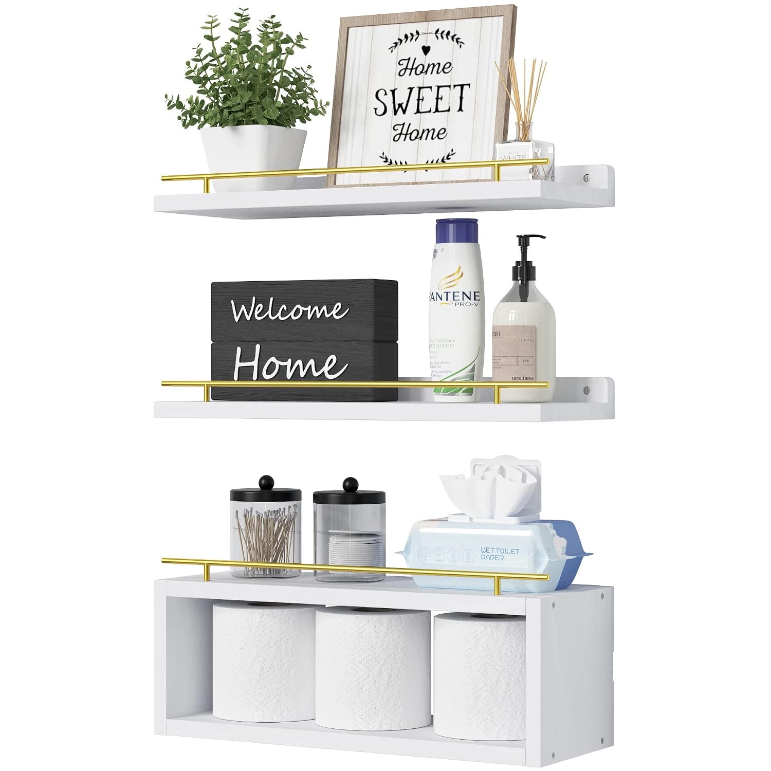 Gold and White Floating Wall Shelves with Metal Rail and Cube Shelf for Decor