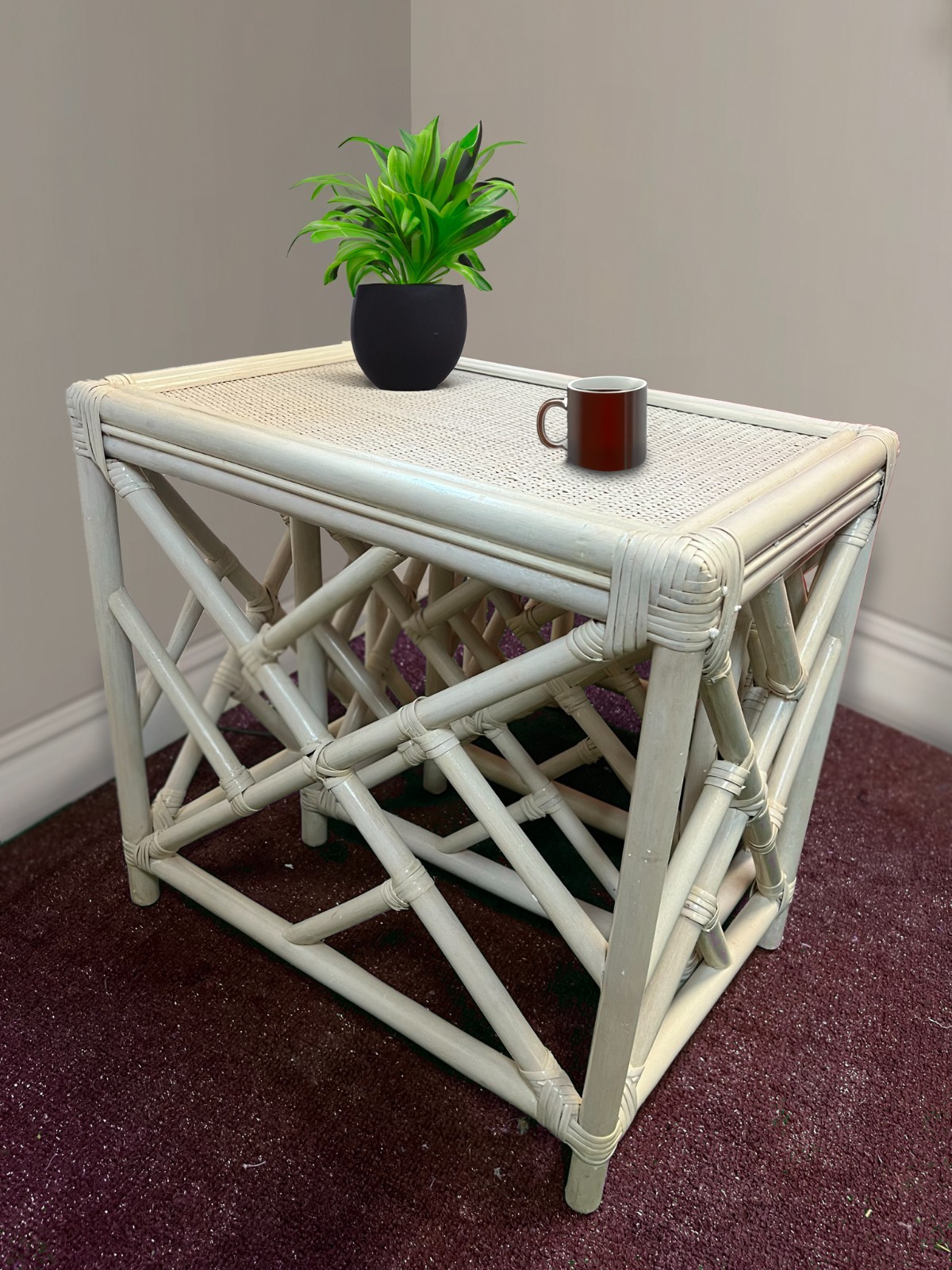 Chippendale Rattan Stacking Table, Handwoven Wicker Table for Living Area