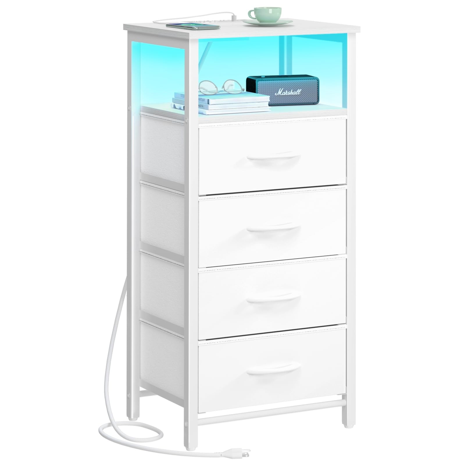 LED Nightstand White 11.8″D x 15.4″W x 31.1″H with Charging Station – 4 Drawers