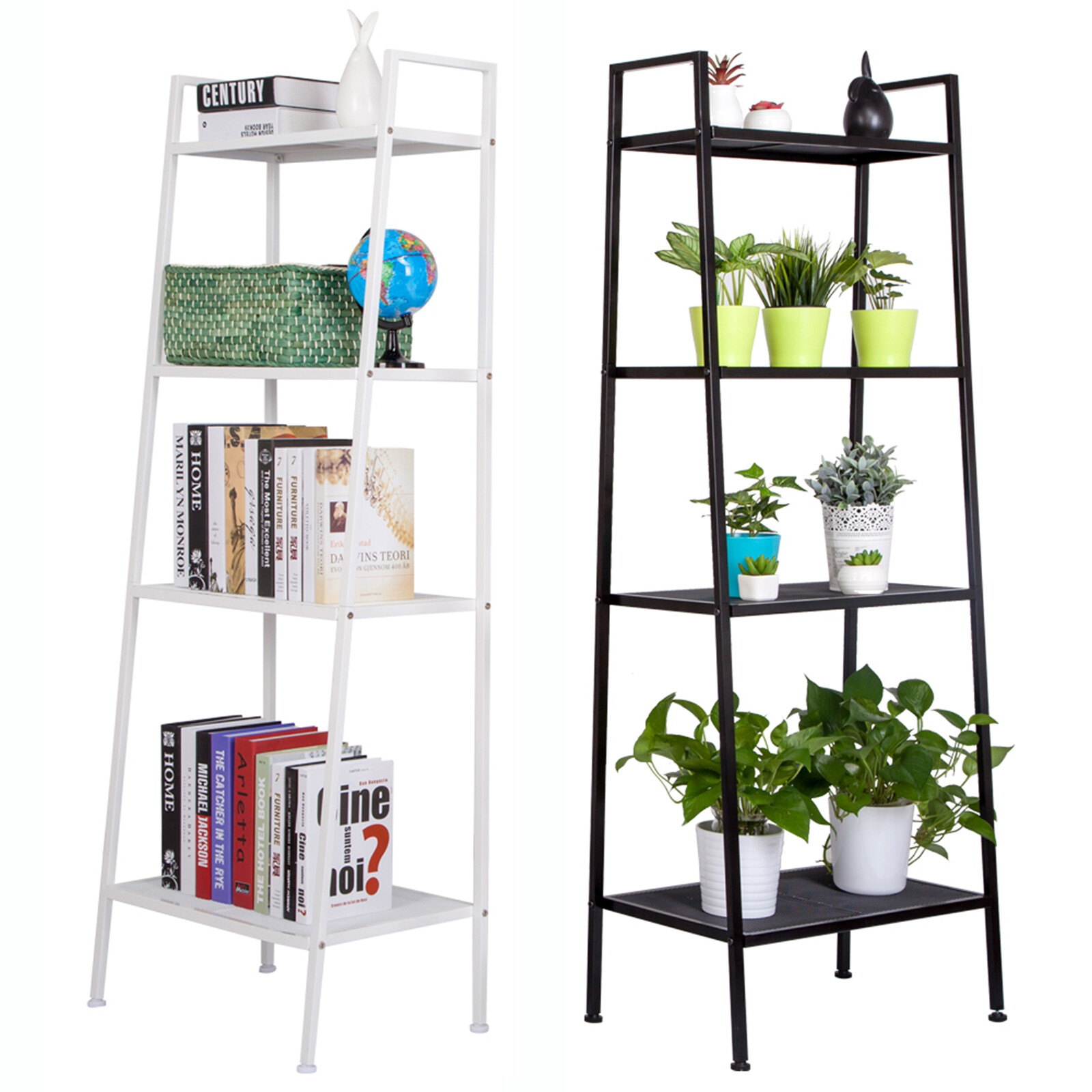4-Tier Ladder Bookcase Storage Rack Bookshelf Plant Stand Display Metal Shelf