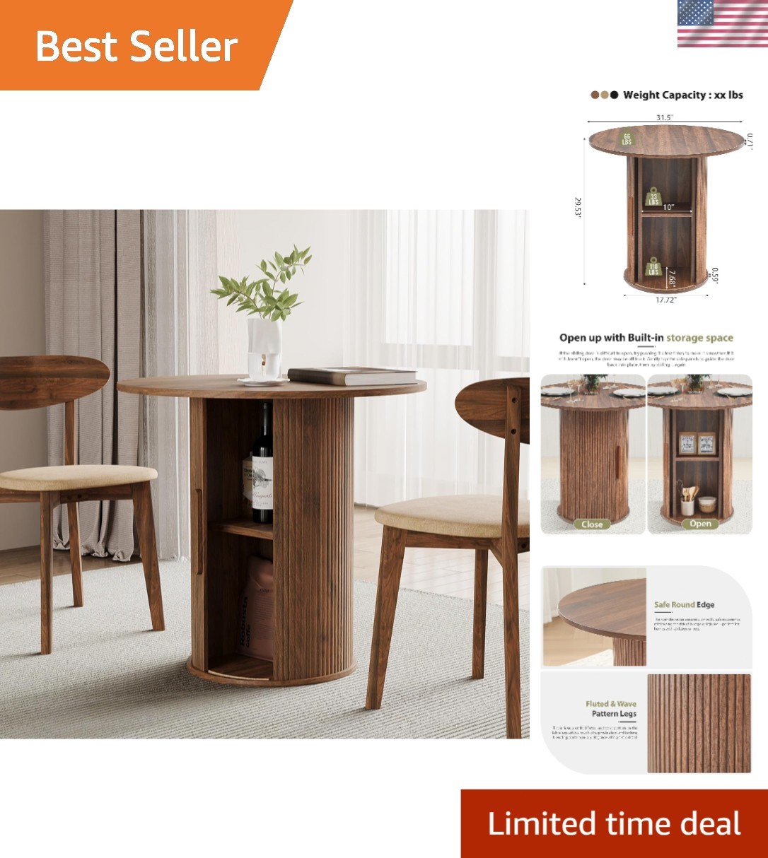 Round Dining Table for 2-4 Modern Farmhouse Kitchen Table Walnut