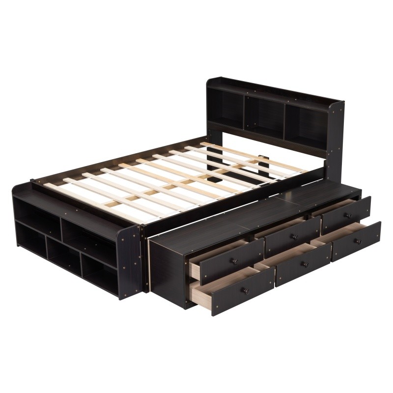 Full Size Wood Storage Bed w/Bookcase,6 Drawers & Bed End Storage Case Espresso