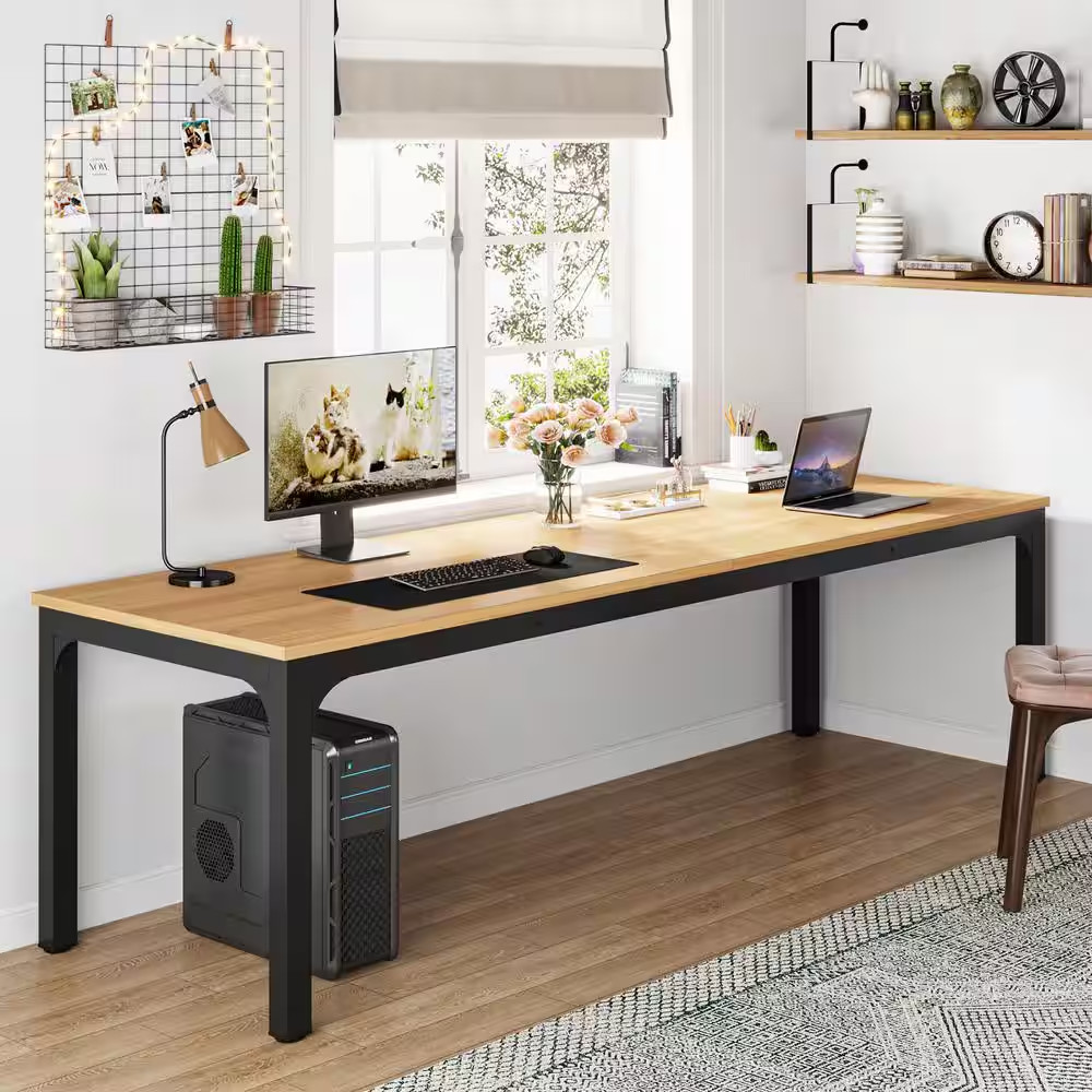 Moronia 78.7 In. Rectangular Light Walnut and Black Wood 2 Person Computer Desk