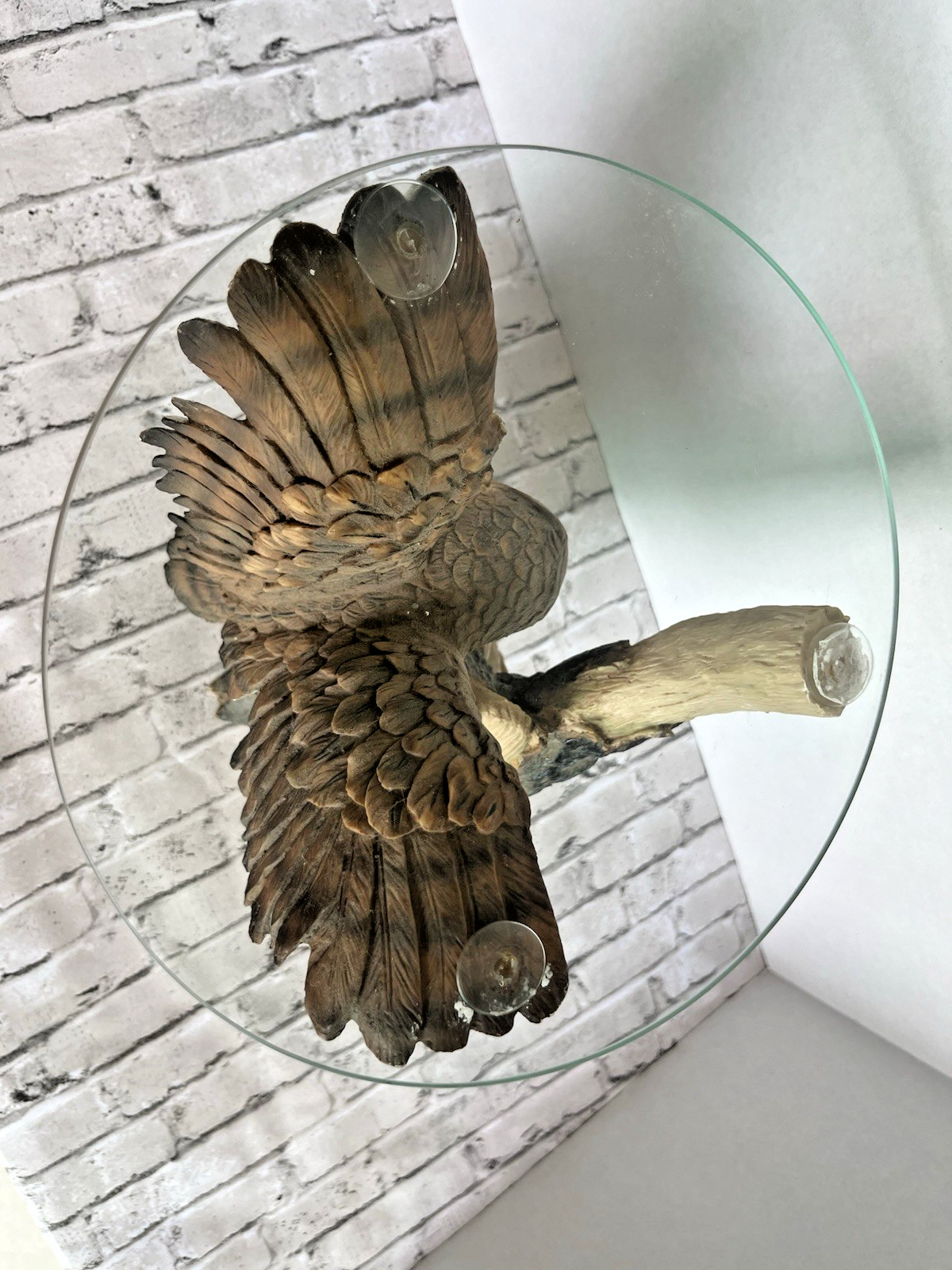 Vintage Resin Owl & Fledglings End Side Table Clear Round Glass Top Nature Decor