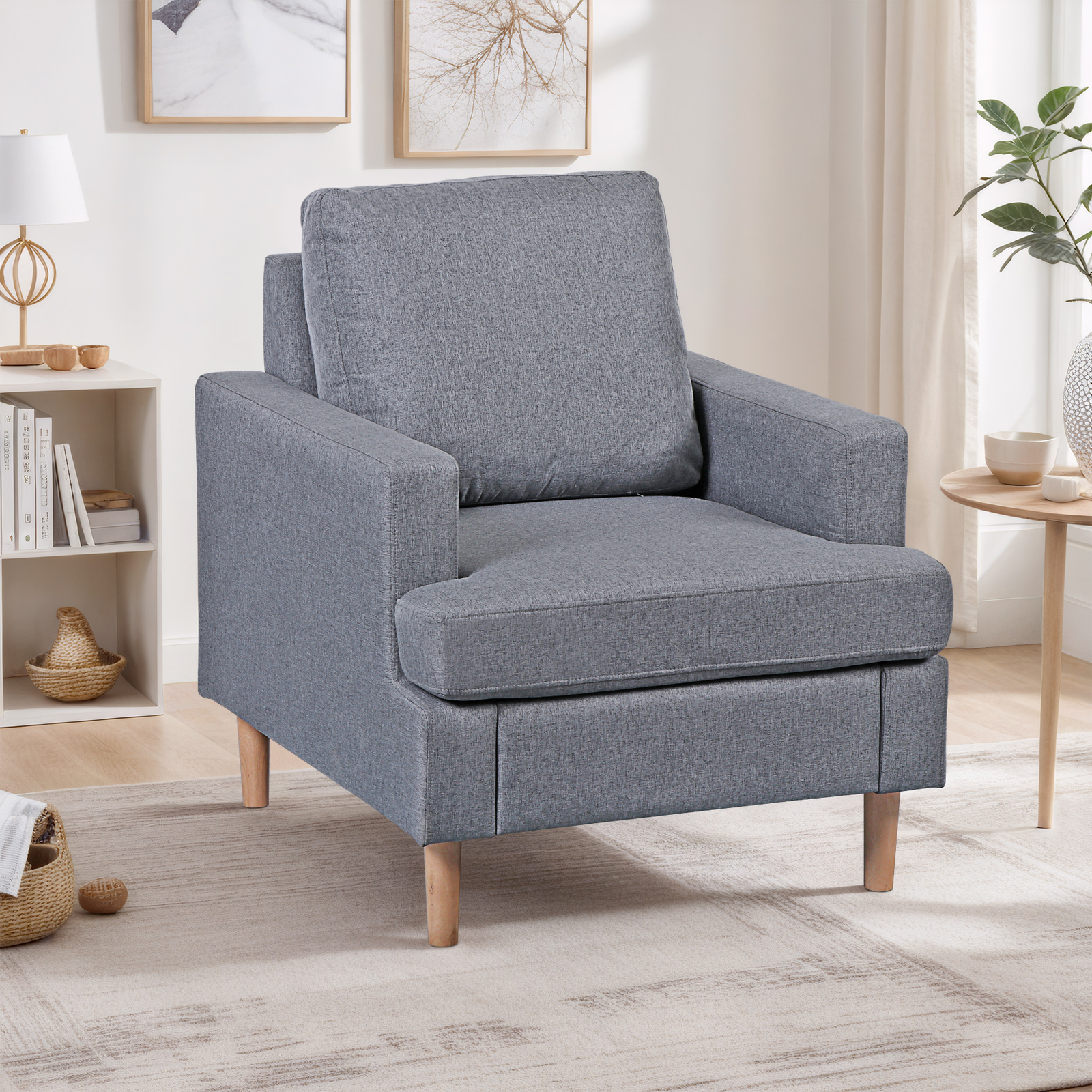 Accent Arm Chair Linen Fabric Upholstered Comfy Single Sofa For Living Room Gray