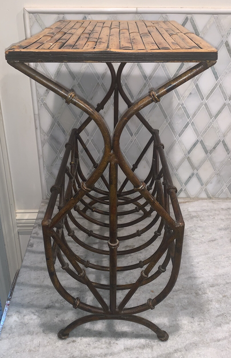 Bamboo Table Top wrought iron base magazine holder 23”T 11.5”D 18”w