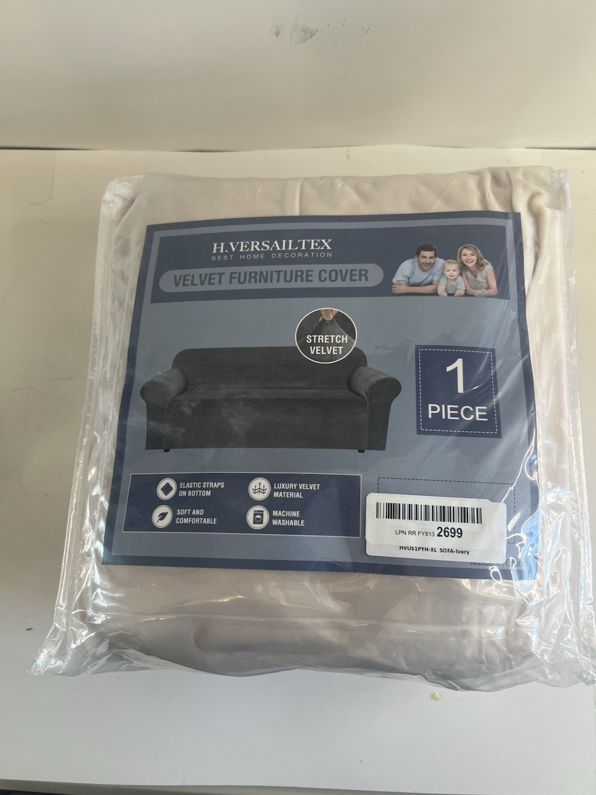 New H. Versailtex 1 Piece Ivory Stretch Velvet Sofa Cover 72”-96”