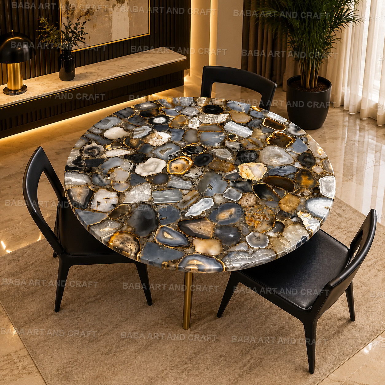 Luxury Black Gray White Agate Round Dining Table | Handmade Natural Agate 15X15