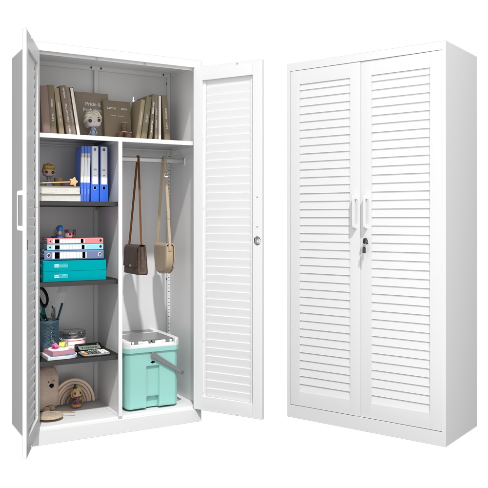 Wide Metal Storage Cabinet with Hanging Rod & Lock, Steel Wardrobe