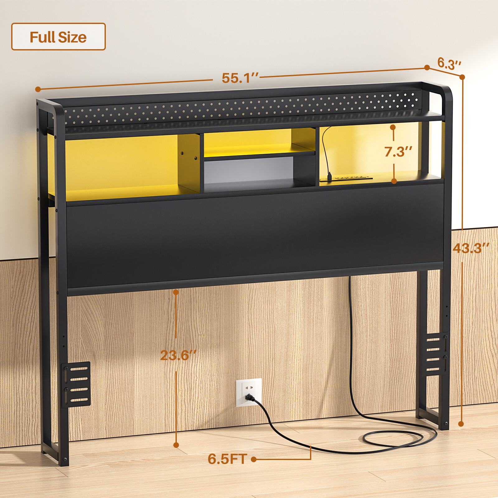 Headboard for King/Queen/Full Size Bed with Storage Shelf & Outlets & RGB Light