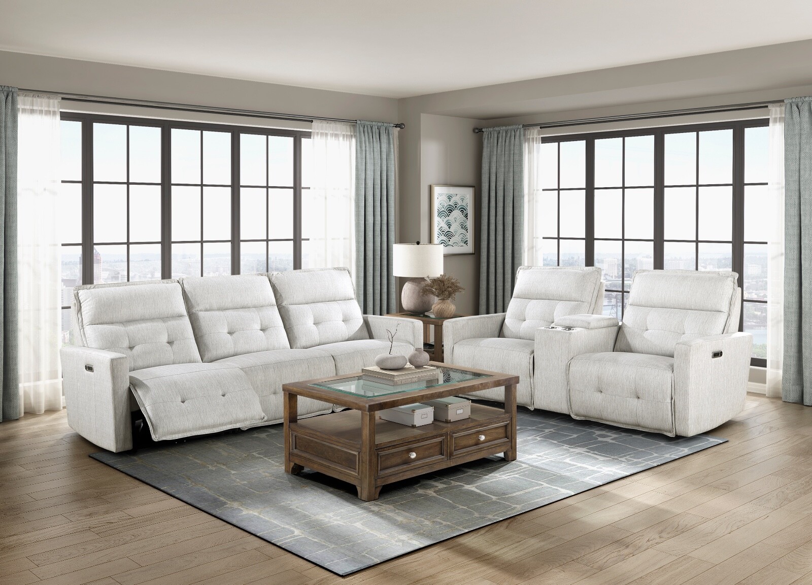 2 PC HEMP WHITE POWER RECLINING TEXTURED SOFA LOVESEAT LIVING ROOM FURNITURE SET