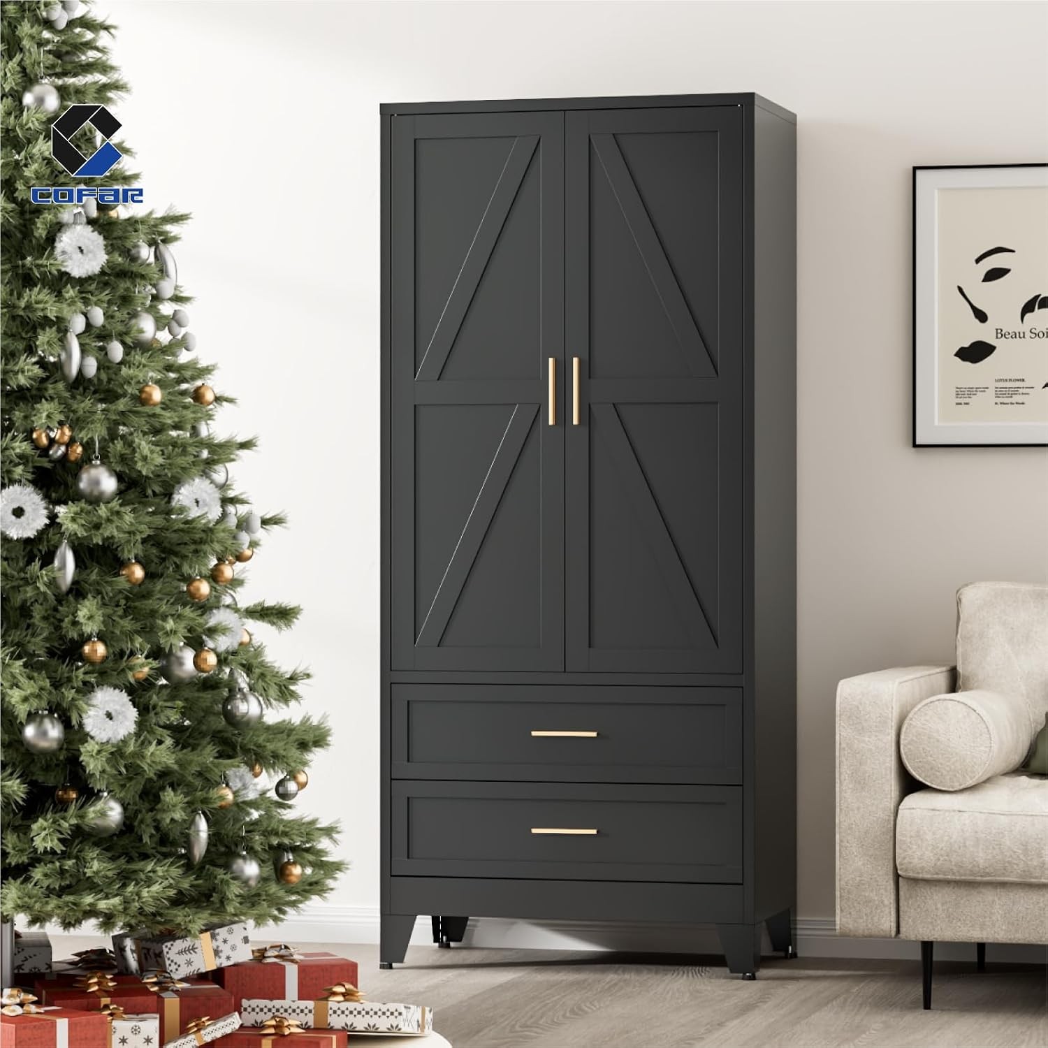 Armoire Wardrobe Closet W/ Drawers & Hanging Rod 71” Metal Wardrobe Closet W/