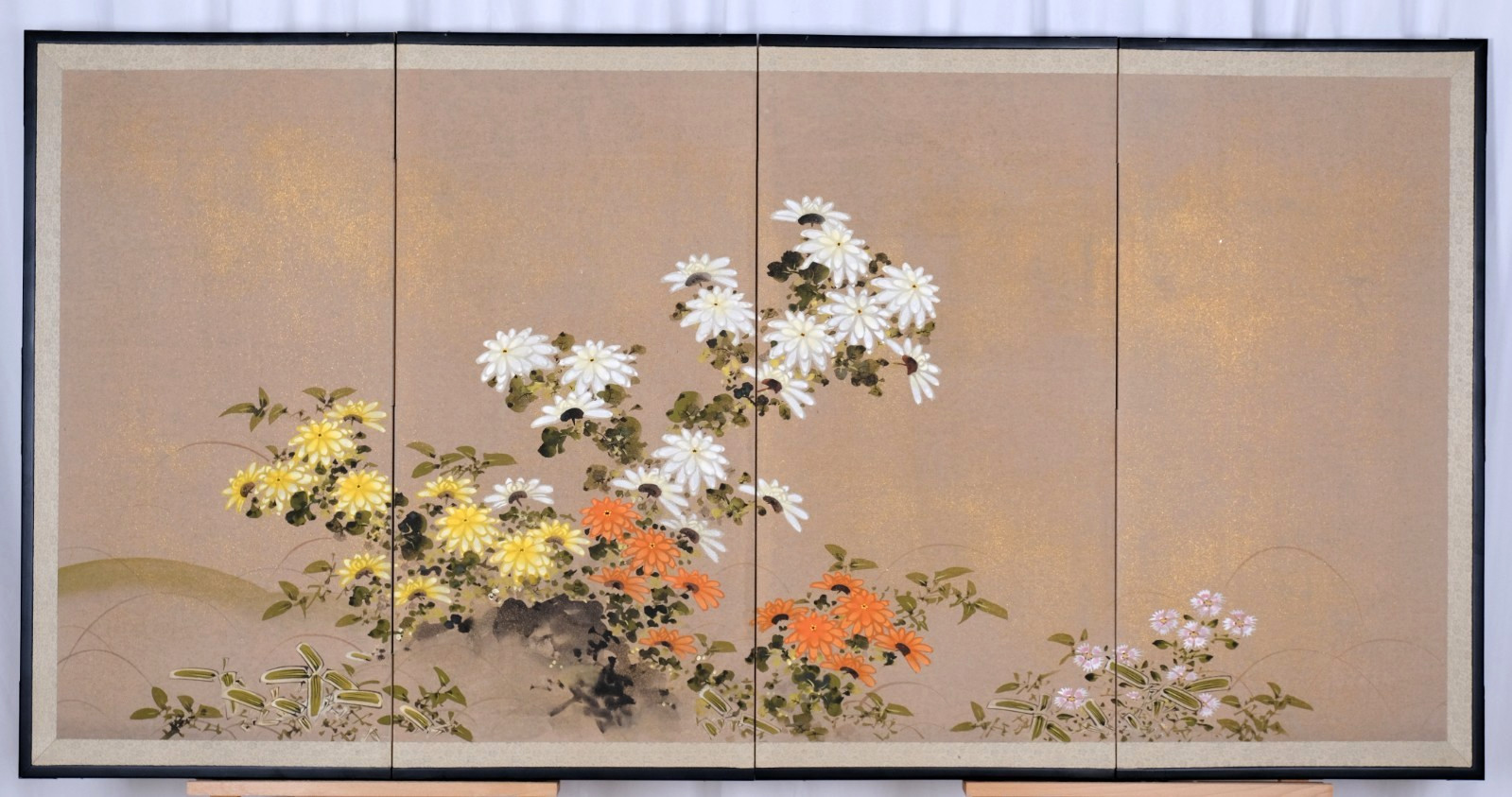 1950s Japanese Byobu “3 Colorful Chrysanthemums” Hand Painted 4-Panel Screen VG+