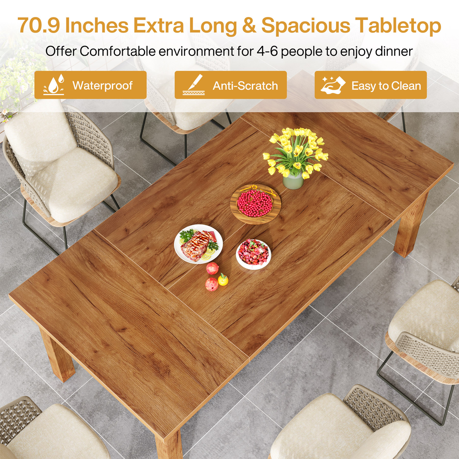 70.9” Rectangular Dining Table Large Wooden Kitchen Dinner Table for 6-8 People