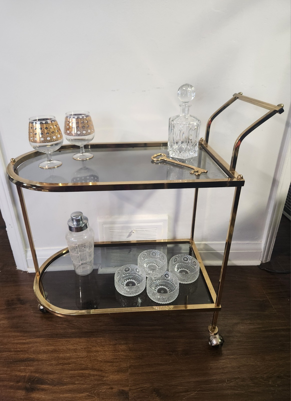 MCM Bar Cart Cocktail Tea Trolley Hollywood Regency -Gold 2 Tier Smoked Glass