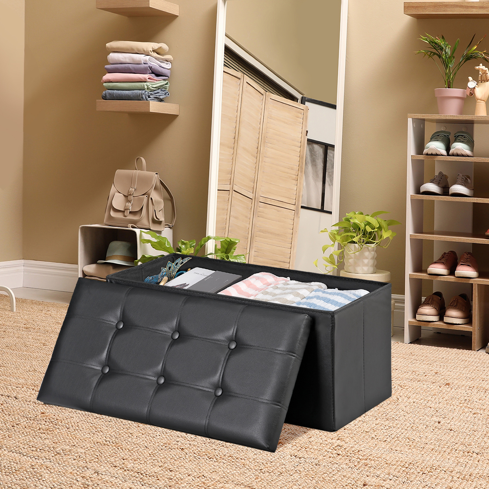 Folding Leather Storage Ottoman With Foam Padded Seat 30 Inches Support 350lbs