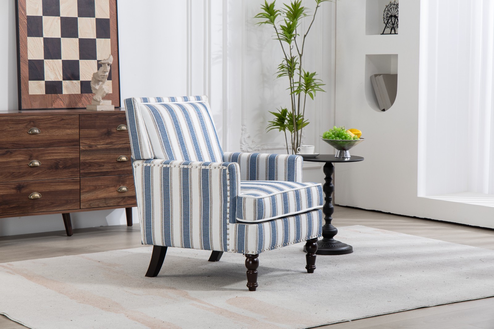 Timeless Upholstered Accent Chair in Blue White with Solid Wood Frame