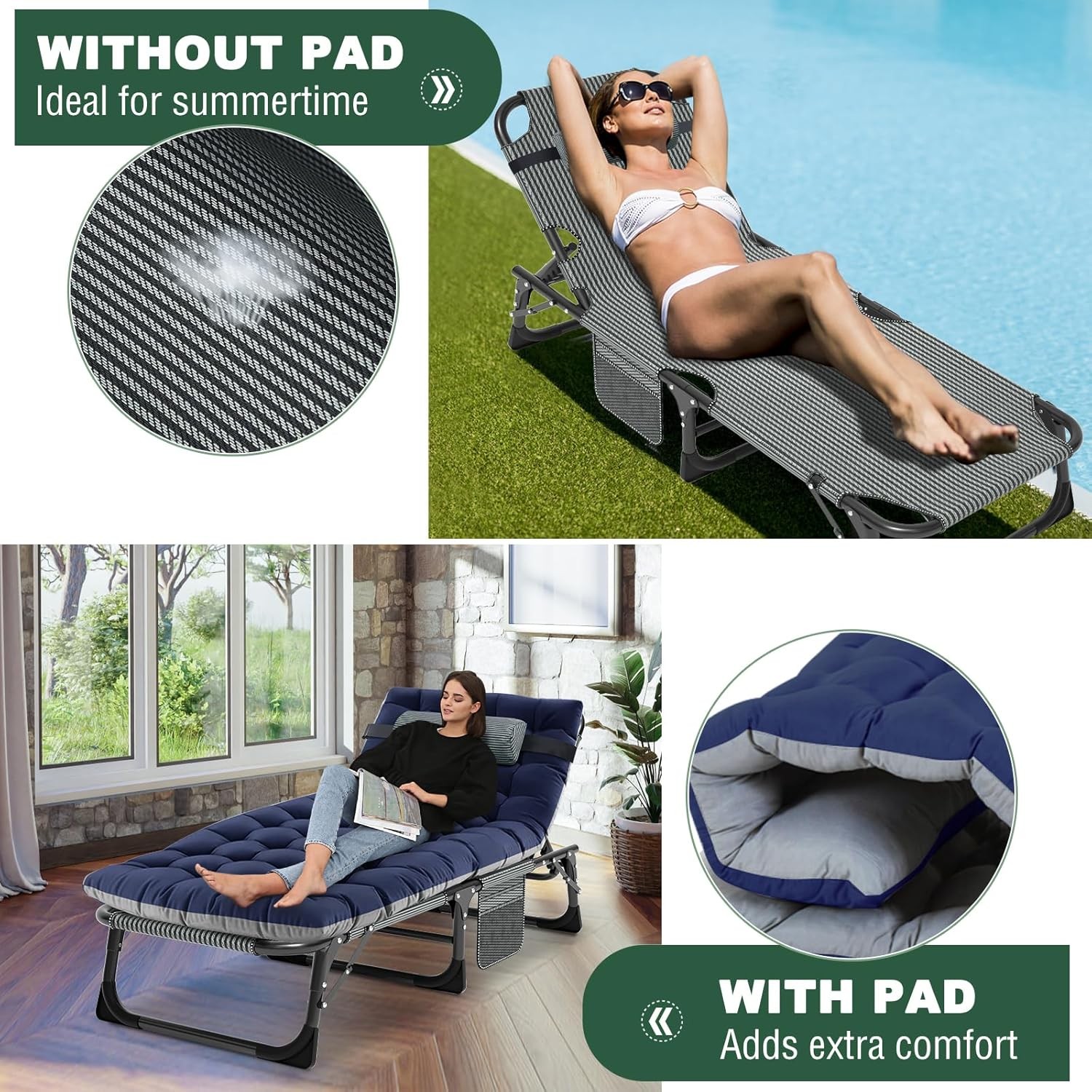 NAIZEA Camping Cot 4 Gears Adjustable Folding Chaise Chair Bed w/Mattress Pillow