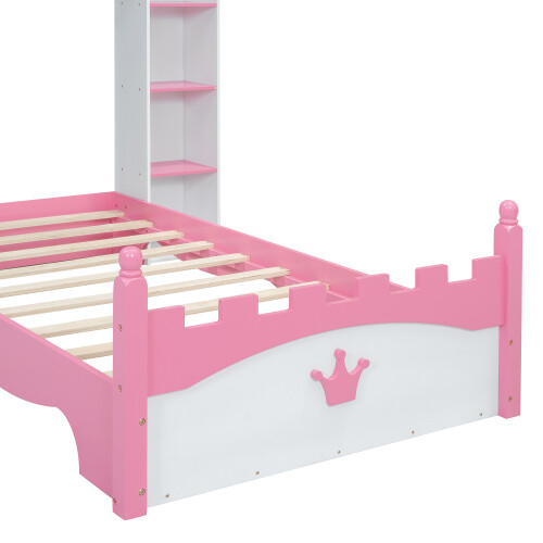 Castle-Shaped Platform Bed with Storage Shelves Both Side Wooden Bed Frames Twin