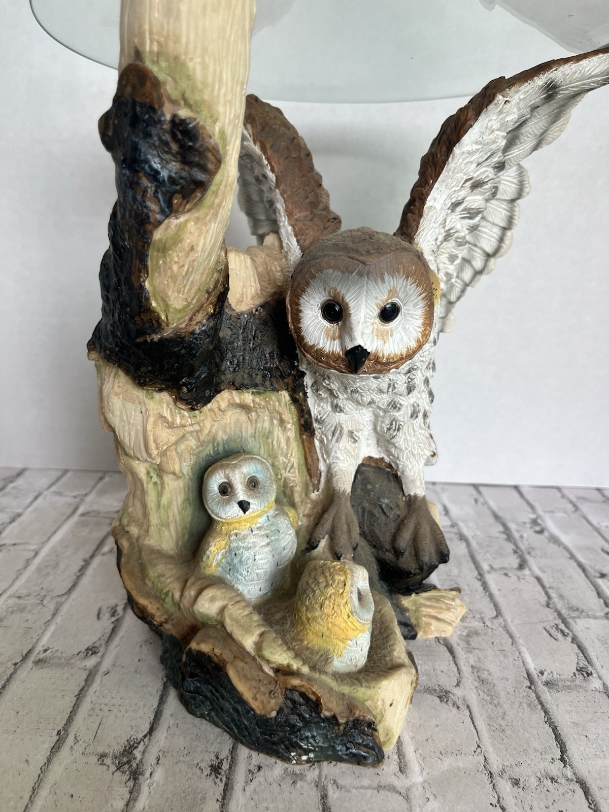 Vintage Resin Owl & Fledglings End Side Table Clear Round Glass Top Nature Decor