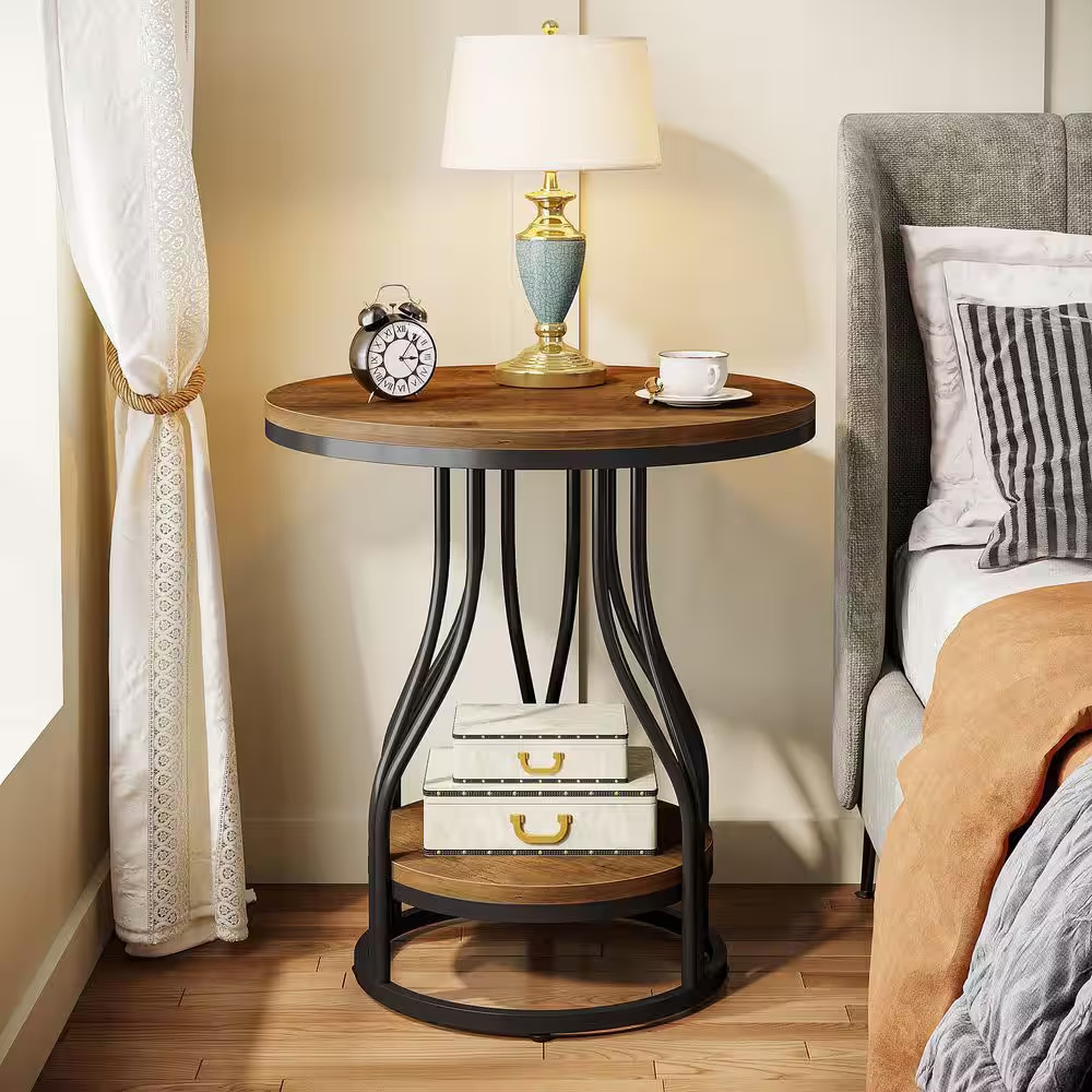 Kerlin 19.7 In. Brown Rustic round Wood Side Table 2-Tier End Table with Metal F