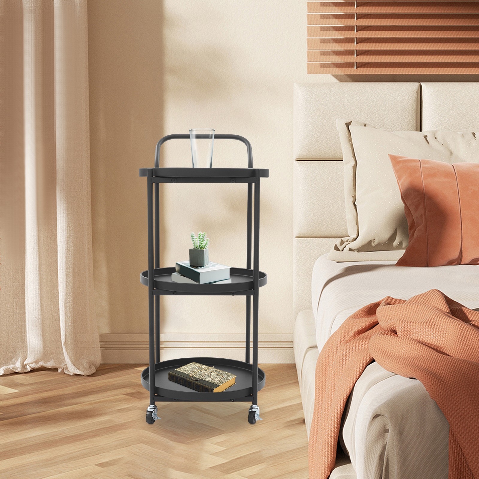 Round Black 3-Tier Rolling Bar Cart with Wheels Elegant Metal Frame Serving Cart