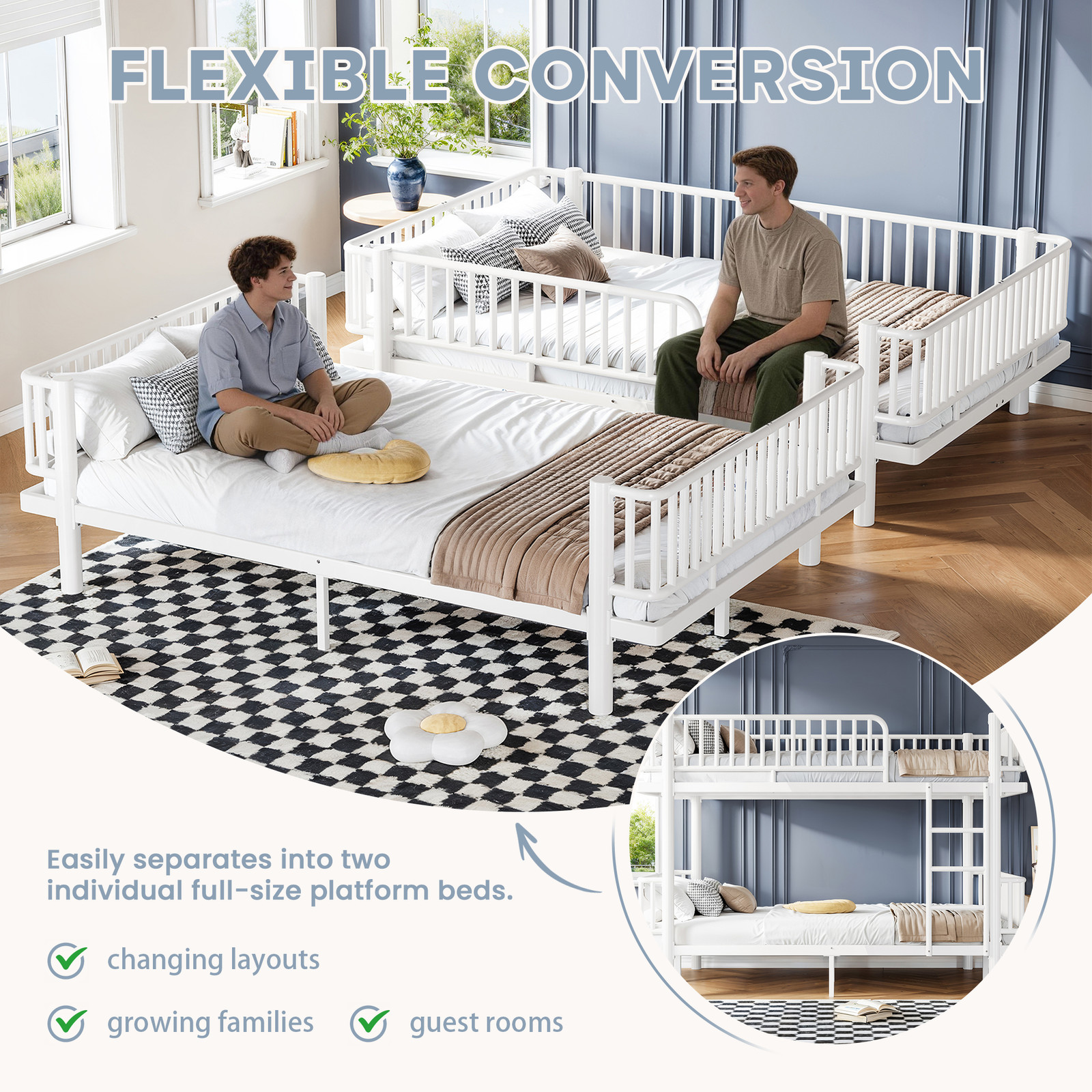 Full over Full/Queen over Queen Bunk Bed w/Ladders & Guardrails Metal Bunk Bed