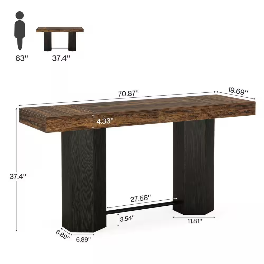 Kearsten 37.4 In. H Rectangle Bar Table, Brown&Black Wooden Home Bar Table with