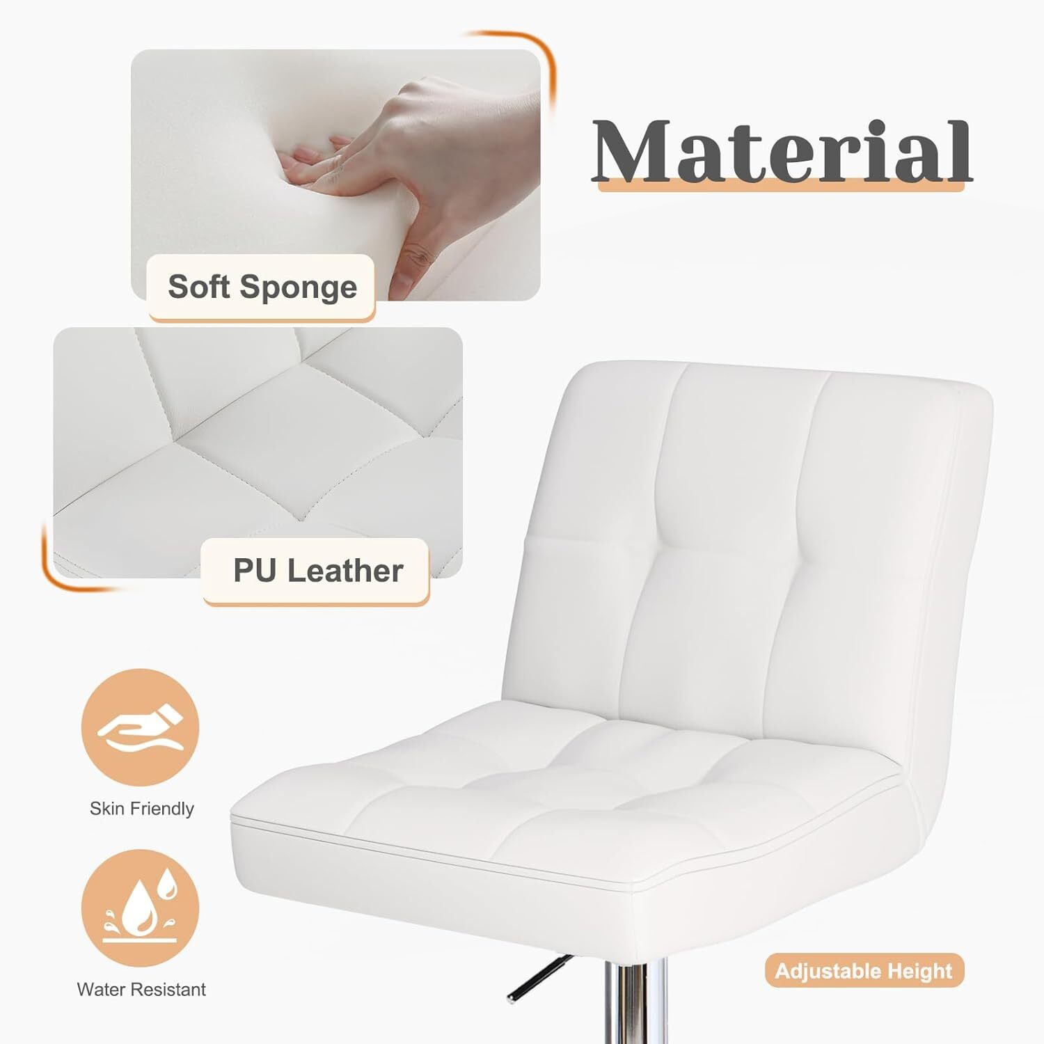 Set of 2 White Leather Adjustable Bar Stools Dining Swivel Barstools Kitchen Bar