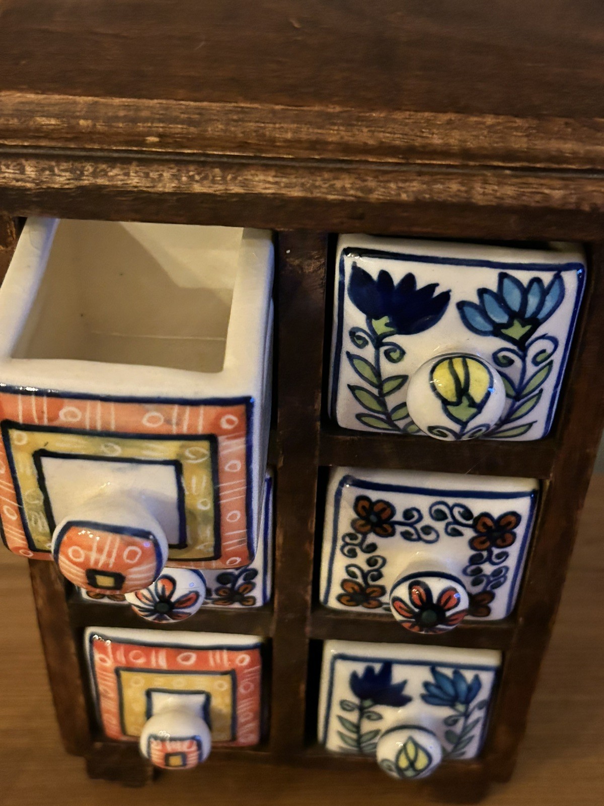 Vintage Pier 1 Apothecary Wooden Cabinet With 6 Ceramic Drawers