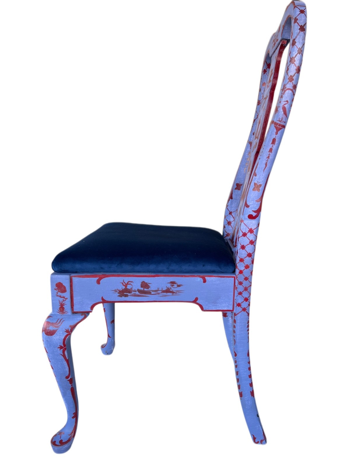 Vintage painted Chinoiserie Chic Blue Accent Chair with New Velvet Upholstery