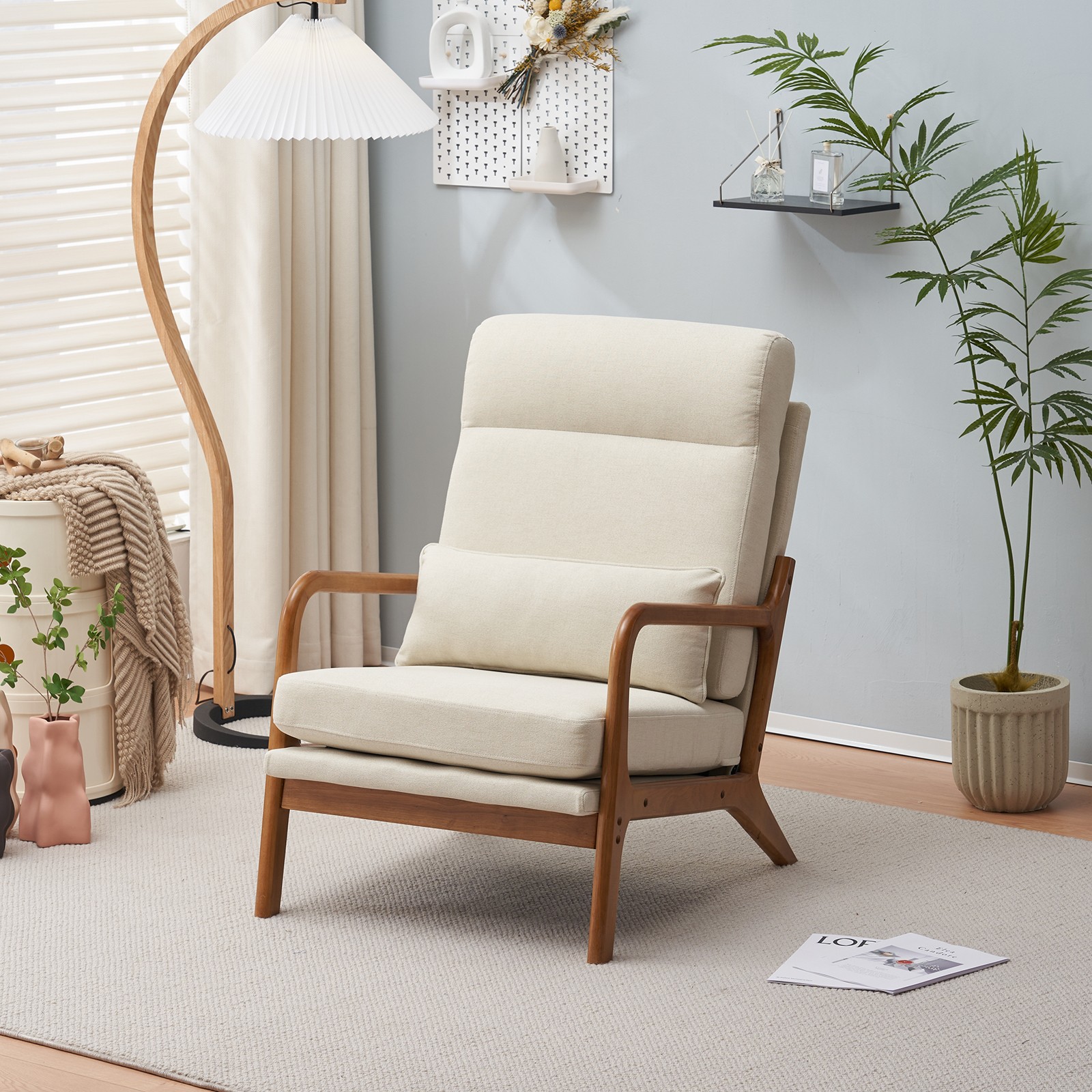 High Back Solid Wood Armrest Backrest Iron Frame Linen Indoor Leisure Chair Off